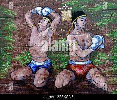 Arte, pittura, colore acrilico, Muay thai, Thai boxing, dalla Thailandia Foto Stock