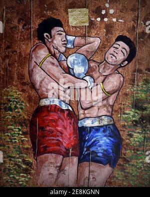 Arte, pittura a olio, Muaythai, boxe tailandese, dalla Thailandia Foto Stock