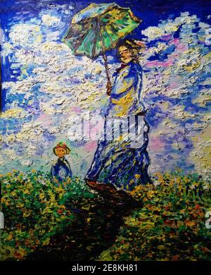 Arte pittura ad olio colore Sunny Umbrella donne , donna con un ombrellone , Claude Monet , famosi dipinti , madame monet e suo figlio Foto Stock