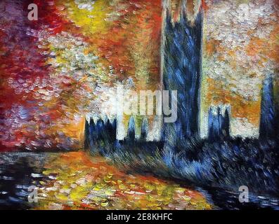 Pittura d'arte Abstract colore olio sfondo paesaggio , Claude Monet , famosi dipinti , case del parlamento Foto Stock