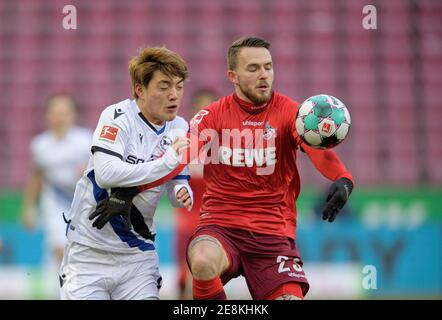 Colonia, Germania. Primo: 2021 31.01.2021 Calcio: Calcio: 1 Bundesliga, stagione 2020/21 FC Colonia, Koeln - Arminia Bielefeld Ritsu DOAN (BI) in duelli contro Jannes HORN r. (K), azione, foto: Sven Simon/Pool/via firosportphoto | utilizzo in tutto il mondo Credit: dpa/Alamy Live News Foto Stock