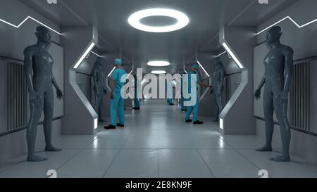 rendering 3d. Scena futuristica e figura umanoide Foto Stock