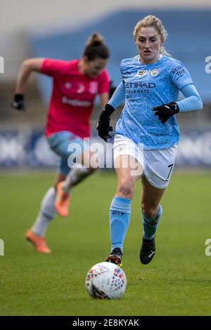 Academy Stadium, Manchester, Lancashire, Regno Unito. 31 gennaio 2021. Super League delle donne della fa, le donne della città di Manchester contro le donne del prosciutto occidentale; Laura Coombs di Manchester City Credit: Notizie dal vivo di Action Plus Sports/Alamy Foto Stock