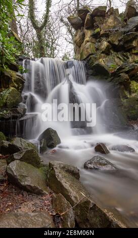 Chorlton Brook che cade sulle rocce della cascata dopo la pioggia pesante a Abney Hall Park, Cheadle, Stockport, Greater Manchester Foto Stock