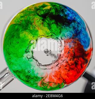 Un arcobaleno di colore rotola nella parte inferiore di a. bicchiere di vetro a forma di bicchiere mentre l'acqua si versa al centro Foto Stock