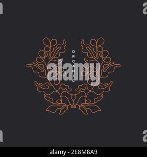 Telaio di diramazione caffè. Vettore simbolo organico con contorno di foglie, forma grafica di bacca. Illustrazione astratta, stile antico a riga singola. Natura vi Illustrazione Vettoriale