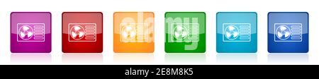 Set di icone della pompa di calore, pulsanti vettoriali lucidi quadrati in 6 colori per applicazioni di webdesign e mobili Illustrazione Vettoriale