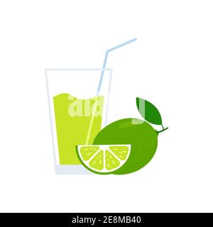 Bicchiere di succo di lime fresco. Sana bevanda naturale di limonata. Fetta di agrumi. Vettore isolato su bianco. Illustrazione Vettoriale