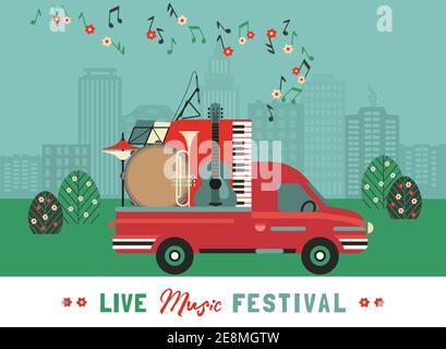 Music Band Instruments Moving by Pickup Truck vettore di colore piatto illustrazione Illustrazione Vettoriale