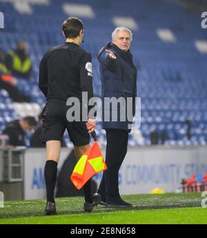 Amex Stadium, Brighton, 31 gennaio 2021 Tottenham's Manager Jose Mourinho durante la loro partita della Premier League contro Brighton & Hove Albion Picture Credit : © Mark Pain / Alamy Live News