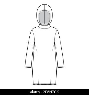 Modeste tuniche hijab tecnica moda con maniche lunghe, oversize, lunghezza sotto il ginocchio, cappuccio. Capo di abbigliamento a camicia piatta con mascherina frontale, colore bianco. Donne uomini Unisex CAD mockup Illustrazione Vettoriale