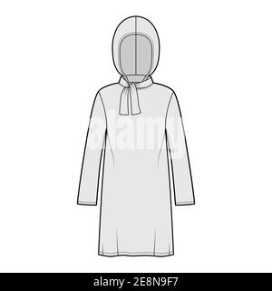 Modeste tuniche hijab tecnica moda con cravatta, maniche lunghe, oversize, lunghezza sotto il ginocchio, cappuccio. Capo di abbigliamento a camicia piatta con mascherina frontale, colore grigio. Donne uomini Unisex CAD mockup Illustrazione Vettoriale