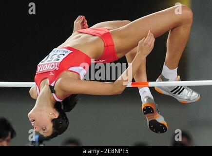 Blanka Vlasic in Croazia vince la medaglia d'oro nella finale di salto in alto femminile durante l'11° campionato mondiale di atletica IAAF "Osaka 2007" allo stadio Nagai di Osaka, Giappone, il 2 settembre 2007. Foto di Gouhier-Kempinaire/Cameleon/ABACAPRESS.COM Foto Stock