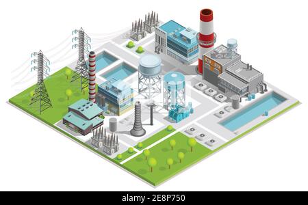 Illustrazione vettoriale della fabbrica di caldaie per la produzione di impianti termici e. l'energia elettrica con linea di alimentazione supporta il concetto isometrico Illustrazione Vettoriale