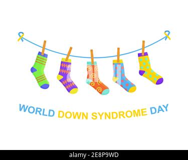 Banner giorno sindrome di Down del mondo. Diverse calze colorate e strane appese sulla corda come simbolo per WDSD. Illustrazione di cartoni animati vettoriali. Illustrazione Vettoriale