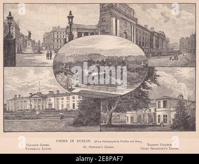 Illustrazioni d'epoca delle vedute a Dublino. College Green, Viceregal Lodge, St Stephen's Green, Trinity College, Chief Secretary's Lodge. Foto Stock