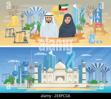Set di banner Kuwait con testo di benvenuto sul nastro persone in costumi tradizionali sui simboli nazionali sfondo illustrazione vettoriale Illustrazione Vettoriale