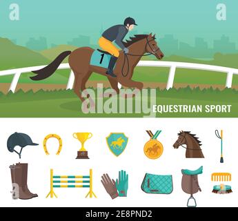 Set di icone piatte a colori che mostrano fantino e equestri attrezzatura illustrazione del vettore sportivo Illustrazione Vettoriale
