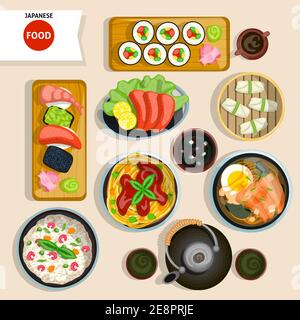 Set cucina giapponese con vista dall'alto. Illustrazione di un vettore di cibo giapponese. Simboli del cartone giapponese. Set di design per il cibo giapponese. Set isolato per alimenti giapponesi. Illustrazione Vettoriale