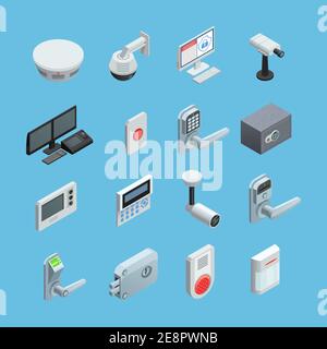 Elementi del sistema di sicurezza domestico raccolta icone isometriche con movimento di sorveglianza telecamera con sensore con immagine vettoriale isolata astratta di allarme Illustrazione Vettoriale