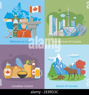 Cultura canadese punti di riferimento natura e cucina per i turisti 4 appartamento icone poster quadrato concetto illustrazione vettoriale isolata Illustrazione Vettoriale