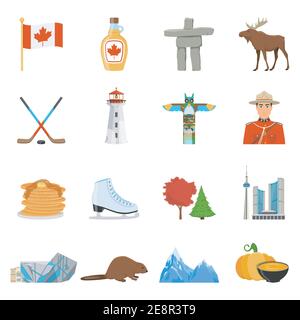 Simboli culturali e sportivi nazionali canadesi luoghi di interesse per turisti icone piatte collezione isolato vettore illustrazione Illustrazione Vettoriale