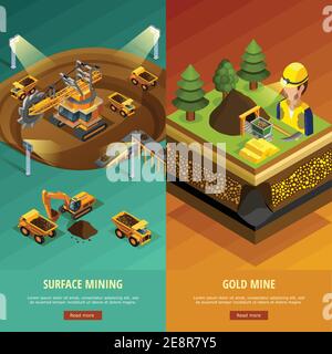 Striscioni verticali per attività minerarie con simboli di superficie estrattiva isolati isometrici illustrazione vettoriale Illustrazione Vettoriale