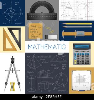 Matematica scienza concetto con righelli copybook bussola matite formule calcolatrice e diagrammi illustrazione vettoriale isolata Illustrazione Vettoriale