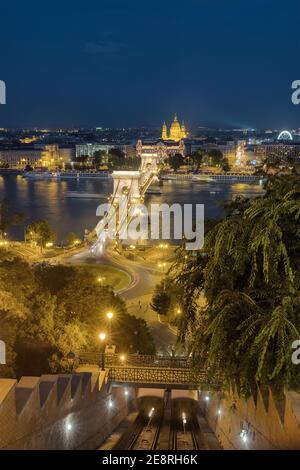 Il paesaggio notturno di Budapest con il Ponte delle catene, la Basilica di Santo Stefano e la stazione della funivia del castello Foto Stock