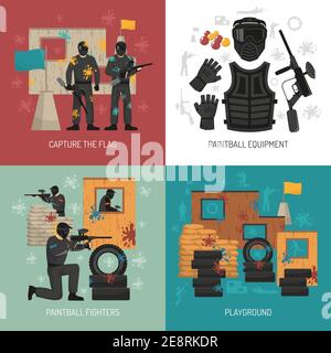 Paintball piatto caccia campo e attrezzature 2x2 design concetto su sfondi colorati immagine vettoriale isolata Illustrazione Vettoriale