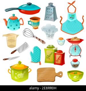 Icone decorative da cucina Set di utensili da cucina con padella pentola teapot frusta bilancia grembiule e guanti isolato illustrazione vettoriale Illustrazione Vettoriale