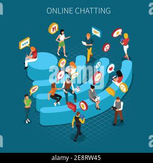 Concetto isometrico della comunicazione con emblema wifi a forma di banco e persone uso di internet intorno a illustrazione vettoriale Illustrazione Vettoriale