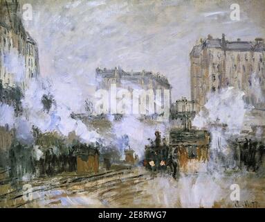 Monet Extérieur de la gare Saint-Lazare, treno Arrivée d'un. Foto Stock