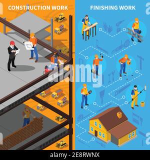 Concetto isometrico dei lavoratori edili. Banner verticali per costruttori. Illustrazione vettoriale dei lavoratori edili. Set di operai edili. Progettazione di edifici Illustrazione Vettoriale