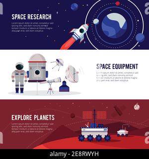 Attrezzature per la ricerca spaziale per l'esplorazione di pianeti e stelle 3 piani gli striscioni orizzontali impostano l'illustrazione vettoriale isolata astratta Illustrazione Vettoriale
