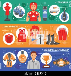 Gli attributi di sport bandiere orizzontali piatte insieme con addestramento di pugilato e. abbigliamento pubblicitario e mondiale premi e premi vettore di raccolta premi Illustrazione Vettoriale