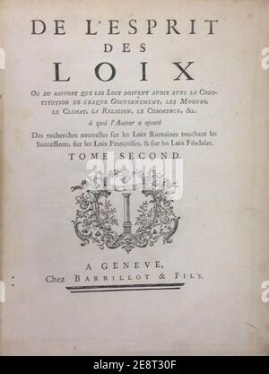 Montesquieu, De l'Esprit des loix (1° ed, 1748, vol. 2, titolo). Foto Stock