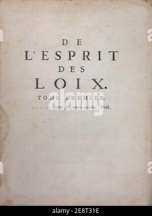 Montesquieu, De l'Esprit des loix (1° ed, 1748, vol. 1, metà titolo). Foto Stock