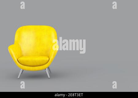 Anno di 2021 colori alla moda. Sedia relax color giallo moderno in pelle a forma ovale su uno sfondo Ultimate Grey. Rendering 3d Foto Stock