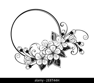 Cornice rotonda, decorata con contorni, disegnata artisticamente fiori sakura su sfondo bianco. Colorazione. Ciliegia giapponese in fiore. Illustrazione Vettoriale