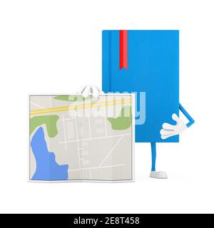 Mascotte del personaggio del libro blu con la mappa del piano astratto su uno sfondo bianco. Rendering 3d Foto Stock