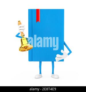 Mascotte di carattere del libro blu con la Campana d'oro della scuola d'epoca su uno sfondo bianco. Rendering 3d Foto Stock