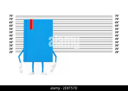 Mascotte personaggio Blue Book di fronte alla polizia Lineup o Mugshot sfondo closeup estremo. Rendering 3d Foto Stock