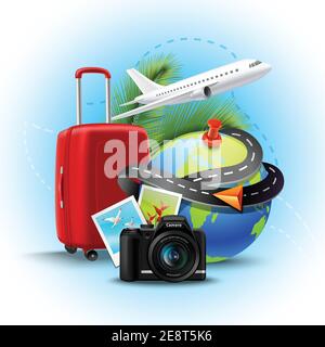 Vacanza e vacanza sfondo con realistico globo valigia e foto immagine vettoriale della telecamera Illustrazione Vettoriale