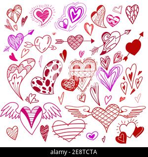 Set di cuori d'amore di doodle rosso con colpi e decorazione. Cuori forma con ali e frecce. San Valentino. Elementi di incisione vettoriale per c Illustrazione Vettoriale