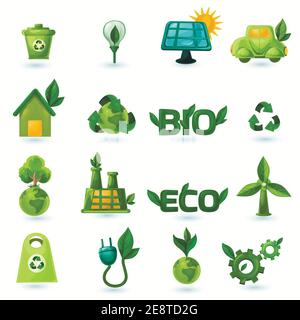 Ecologia verde ed energia alternativa con le icone dei fogli isolate illustrazione vettoriale Illustrazione Vettoriale