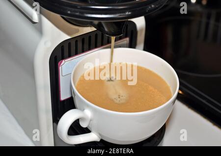 Primo piano di una tazza di caffè nella macchina espresso. Vista frontale dall'alto. Foto Stock