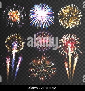 Festoso fuochi d'artificio scoppiato in varie forme scintillanti set di pittogrammi su sfondo nero immagine vettoriale astratta isolata Illustrazione Vettoriale