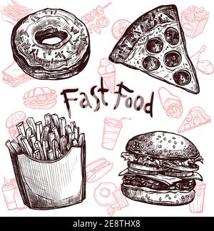 Un sacco di fast food e bevande sketch set vettore illustrazione Illustrazione Vettoriale