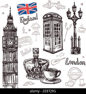 Set di schizzi a Londra con cabina telefonica Queen Crown per la tazza da tè illustrazione vettoriale isolata Illustrazione Vettoriale